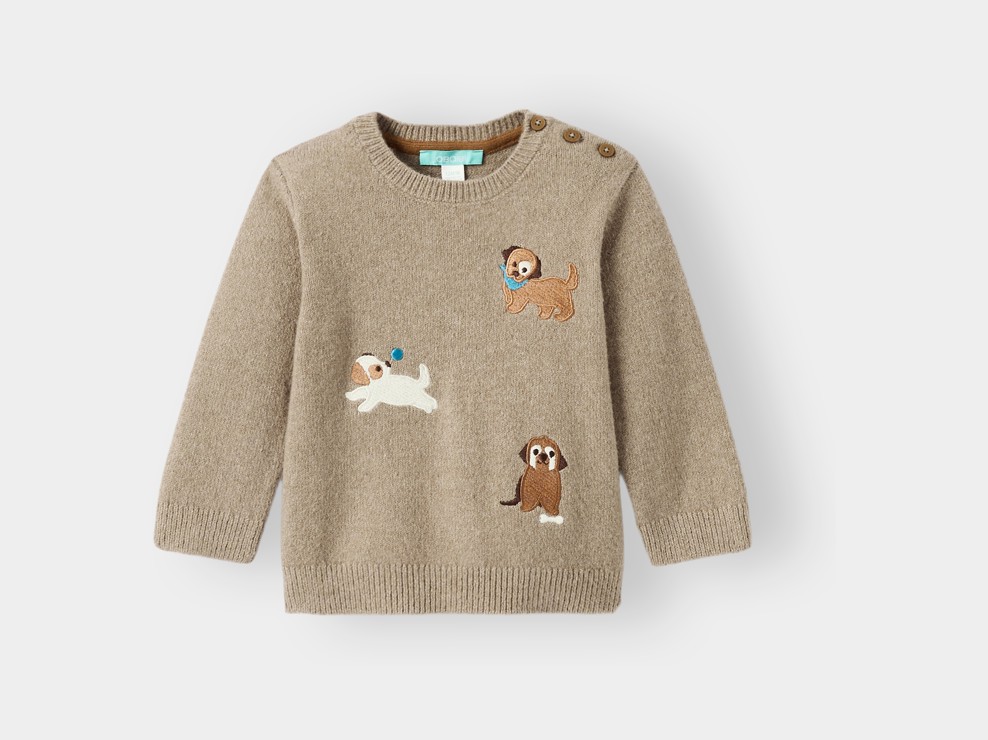 Pull maille tricot brodé chien beige bébé garçon 1