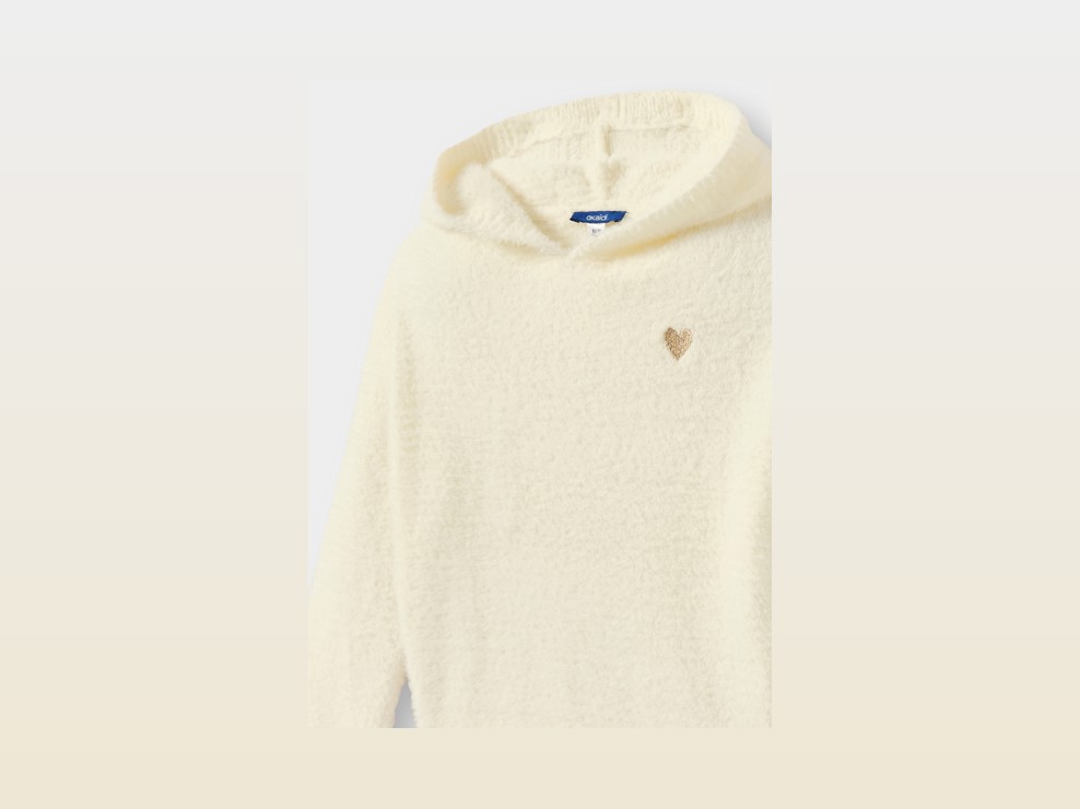 Sweat maille tricot douce à capuche écru fille 2