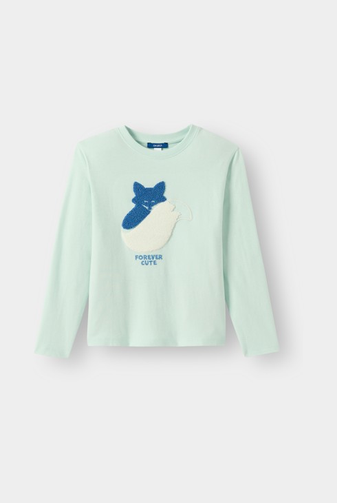 Maglietta in felpa a riccioli con volpe blu per bambina 1
