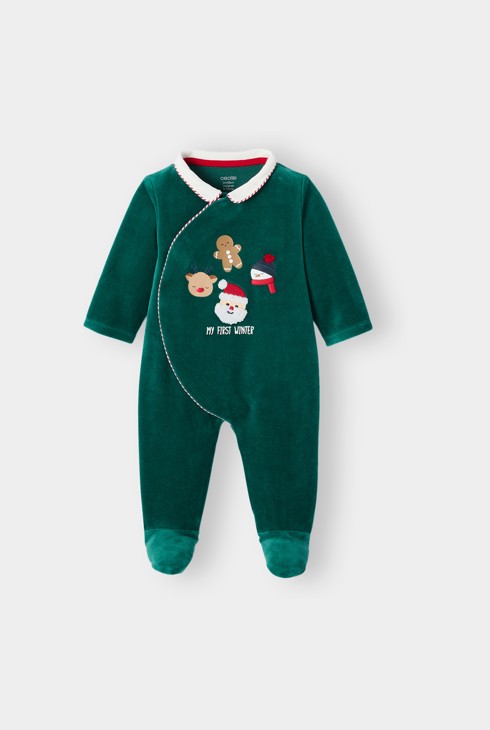 Dors-bien velours hiver vert bébé garçon 1