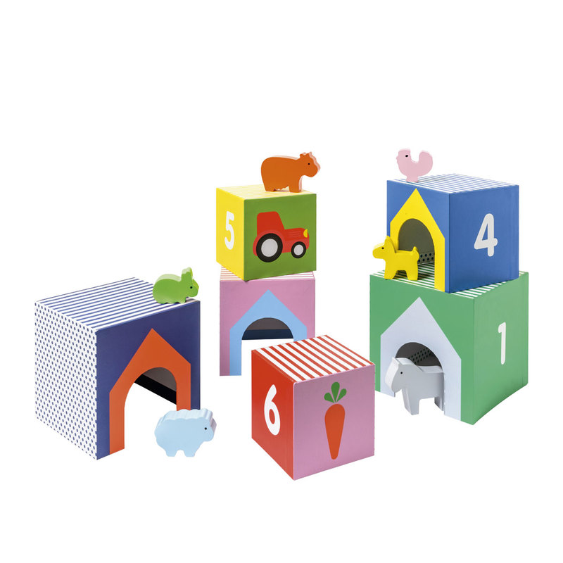 Cubes imagiers empilables et animaux en bois