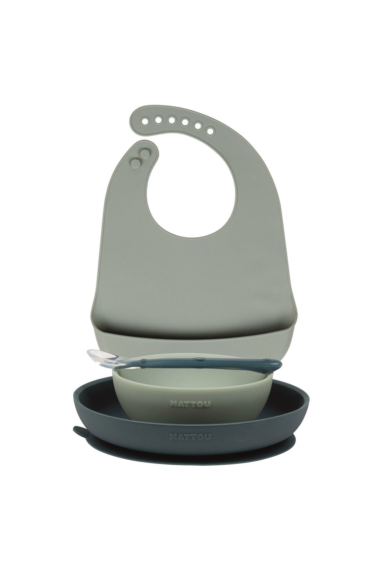 Coffret repas avec bavoir en silicone vert Nattou 1