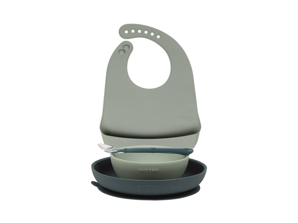 Coffret repas avec bavoir en silicone vert Nattou 1