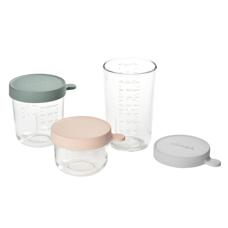 Beaba - Coffret de 3 pots de conservation en verre bleu rose et gris