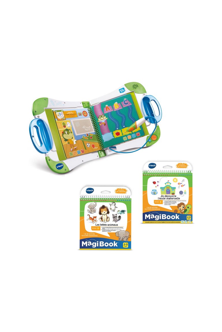 LOT MagiBook Starter Pack vert + Livre Magibook Les bébés animaux + Livre MagiBook Je découvre l'école maternelle Vtech 1