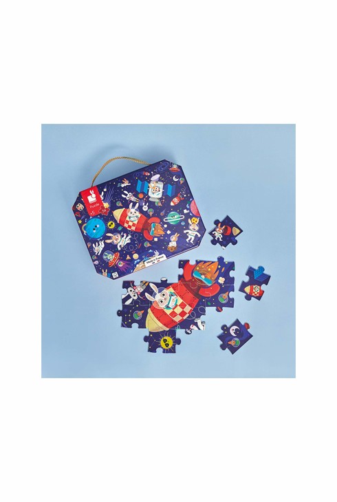 Puzzle Janod Fusée 54 Pièces – Espace, Astronautes Lapins, Poster Inclus – Fabriqué En France, Dès 5 Ans – Développe Concentration Et Motricité