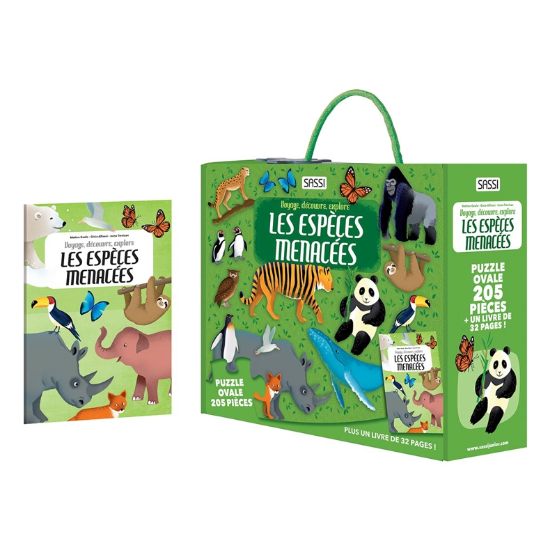 Puzzle et livre les animaux, les espèces menacées Coffret Découverte Sassi -