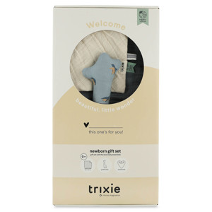 Coffret cadeaux naissance M bleu bavoir lange et doudou Trixie