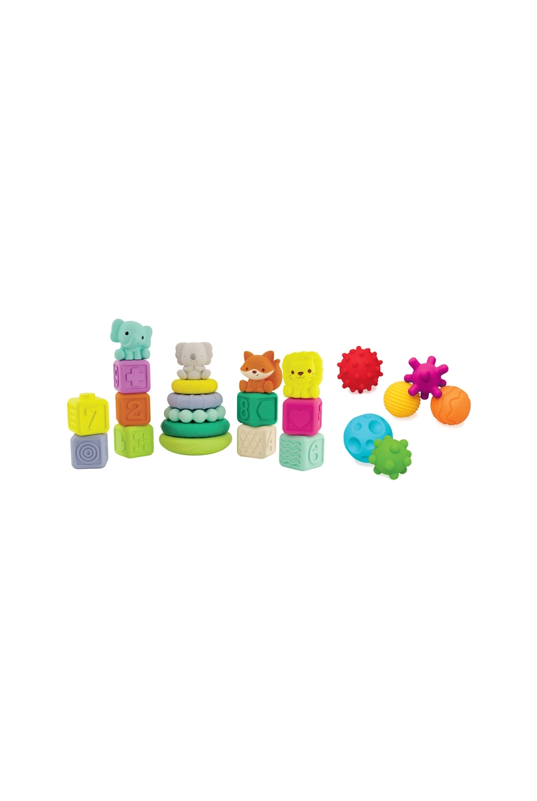 Set sensoriel 24 pièces balles, animaux, cubes et pyramides à empiler Infantino 1
