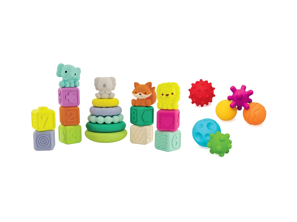 Set sensoriel 24 pièces balles, animaux, cubes et pyramides à empiler Infantino 1