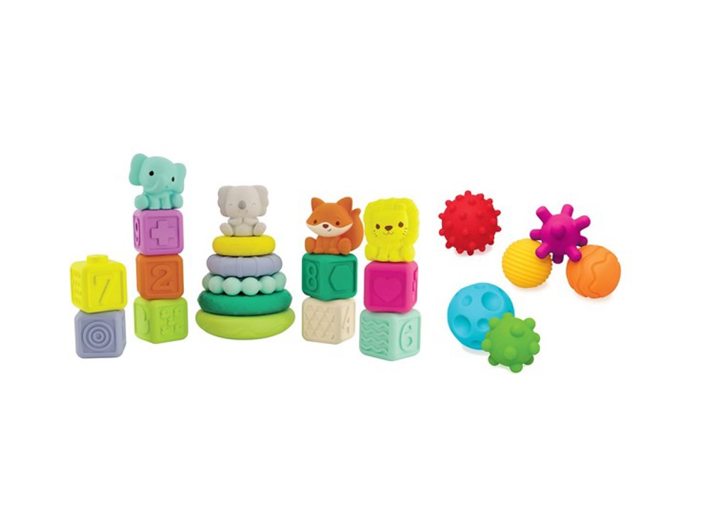 Set sensoriel 24 pièces balles, animaux, cubes et pyramides à empiler Infantino 1