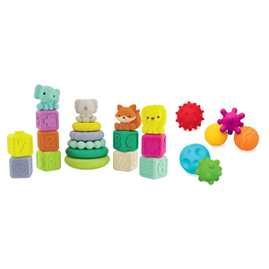 Set sensoriel 24 pièces balles, animaux, cubes et pyramides à empiler Infantino 1