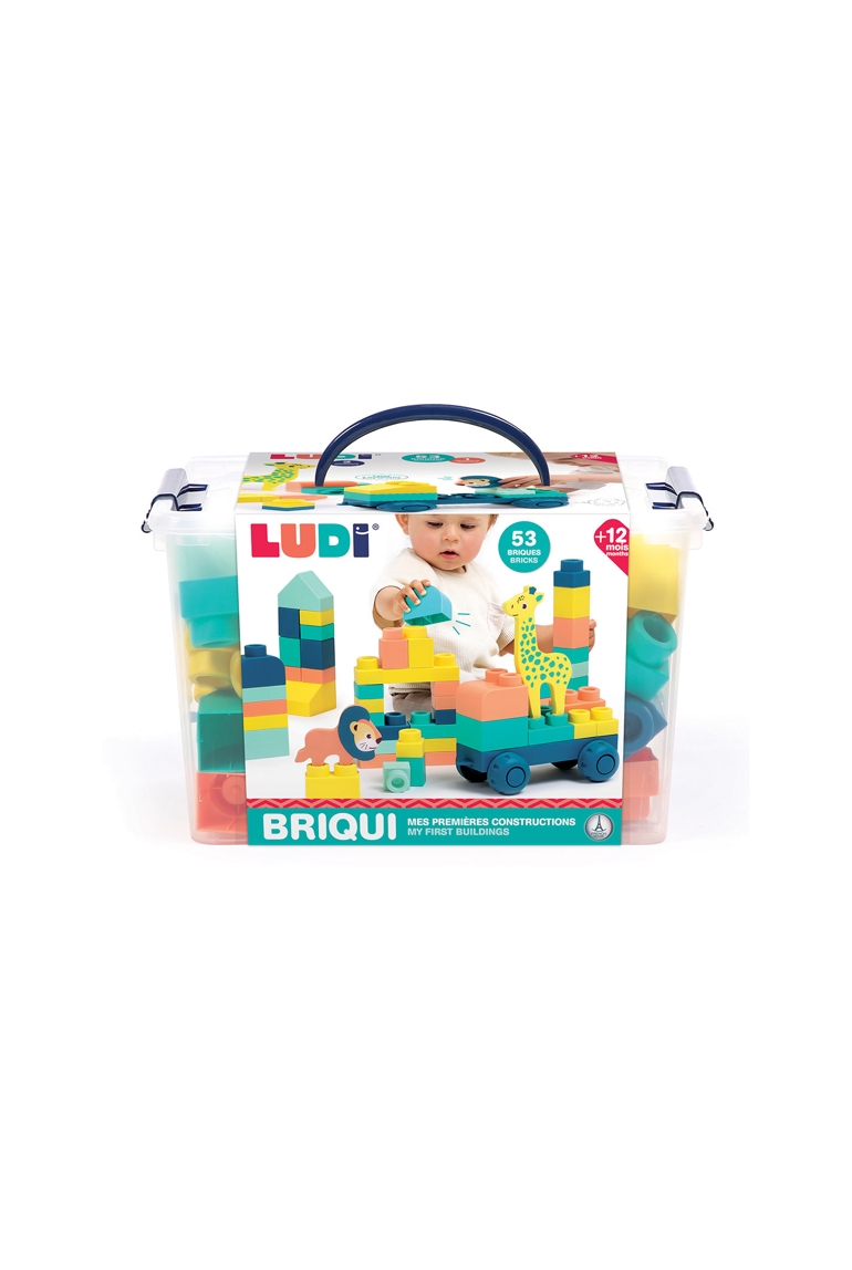 Baril BRIQUI 53 briques avec 1 véhicule et 2 animaux en mousse Ludi 1