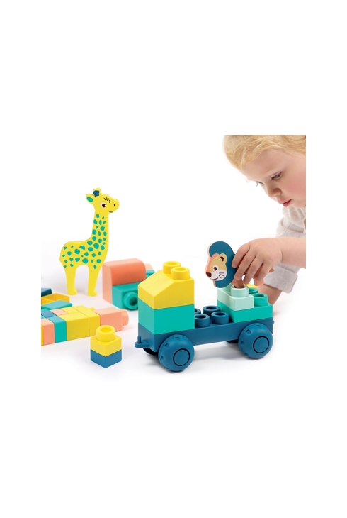Baril BRIQUI 53 briques avec 1 véhicule et 2 animaux en mousse Ludi