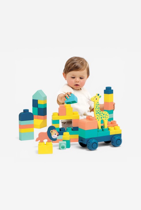 Baril BRIQUI 53 briques avec 1 véhicule et 2 animaux en mousse Ludi 2