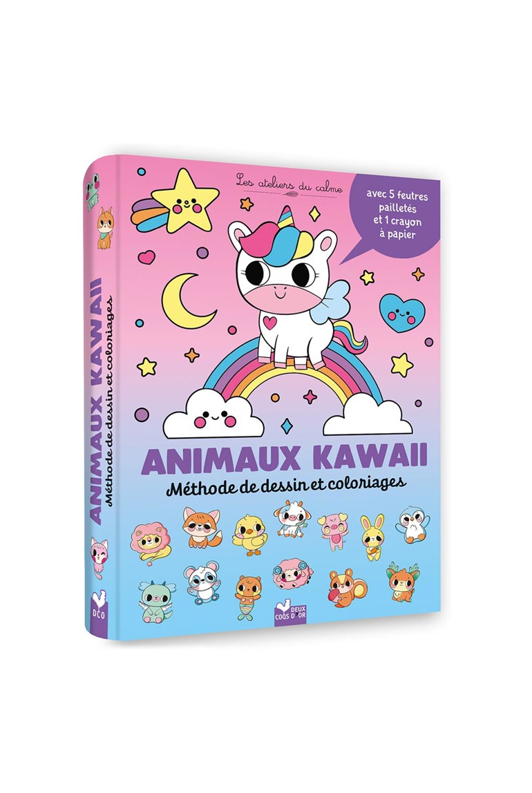 Livre Album Animaux Kawaii, méthode de dessin et coloriages, pochette 5 feutres pailletés et 1 crayon à papier 1