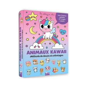 Livre Album Animaux Kawaii, méthode de dessin et coloriages, pochette 5 feutres pailletés et 1 crayon à papier 1