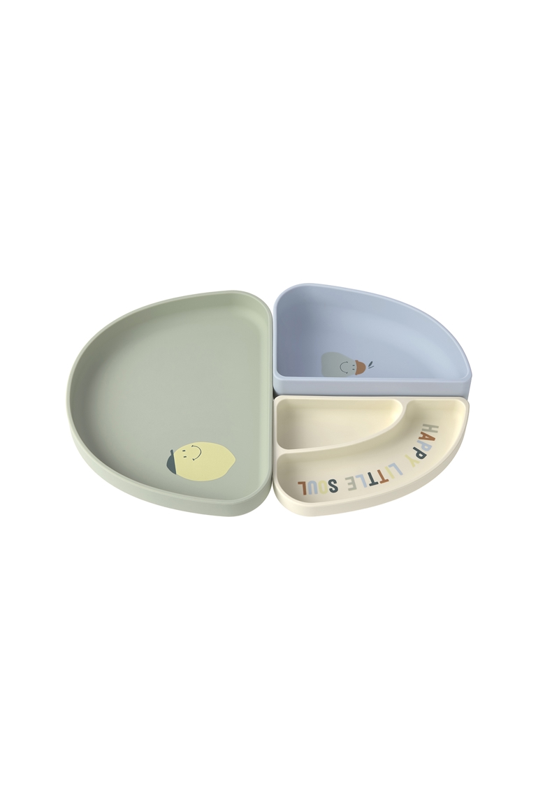 LÄSSIG Set de vaisselle en silicone 3 pcs Citron Happy Fruits, Bleu, kaki clair, écru 1