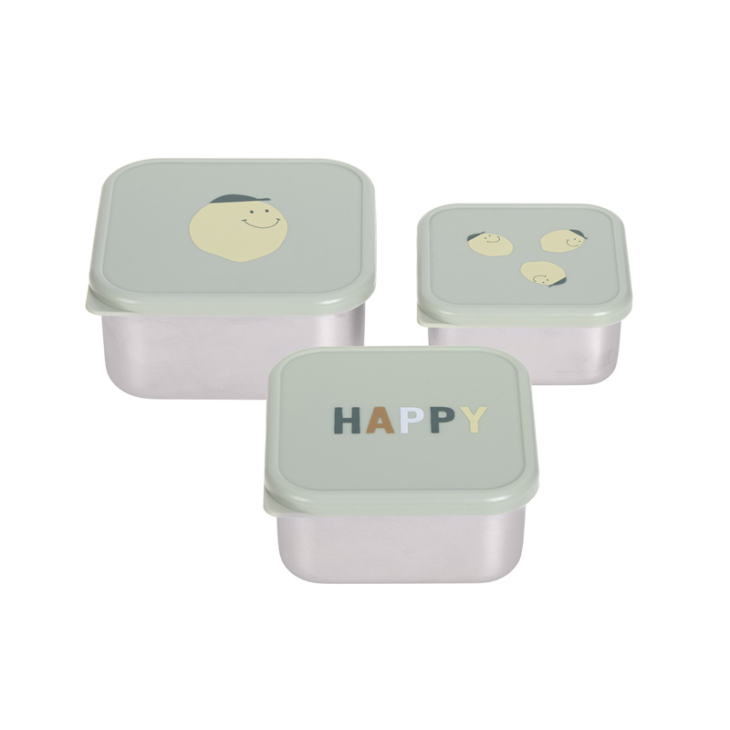 Lässig - Lot de 3 boîtes à goûter inox Happy Fruits Citron, kaki clair LÄSSIG