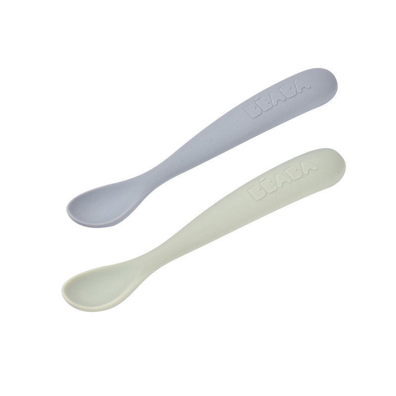 Beaba - Lot de 2 cuillères silicone 1er âge, duo nature avec boîte de transport - De 3 mois à 2 ans