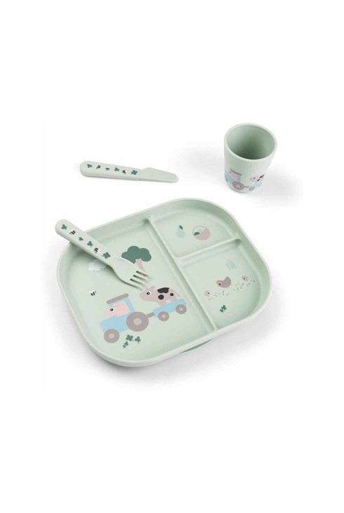 Set repas 4 pièces assiette compartimentée, gobelet, couverts 1