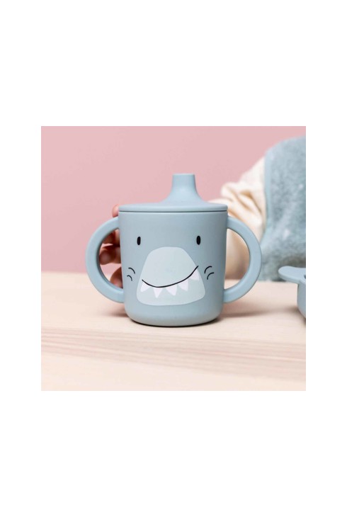 Tasse d'apprentissage en silicone requin bleu gris