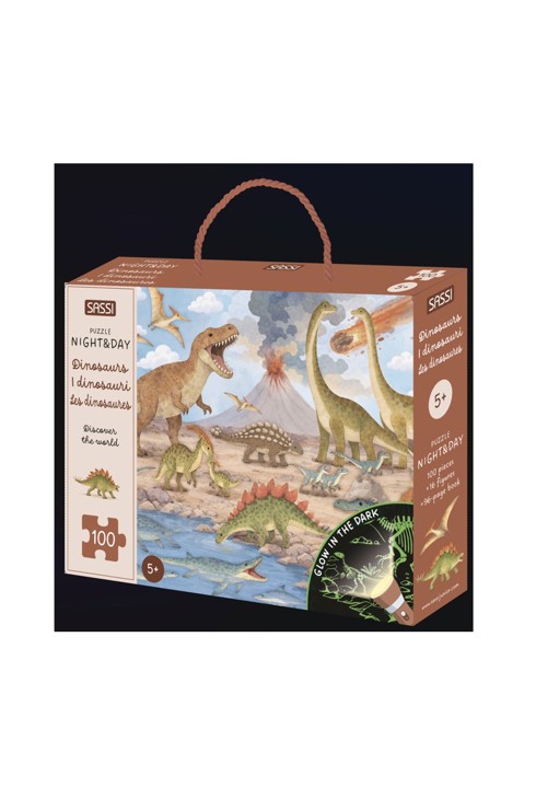 Coffret Puzzle phosphorescent 100 pièces et livre Les Dinosaures, Sassi 1