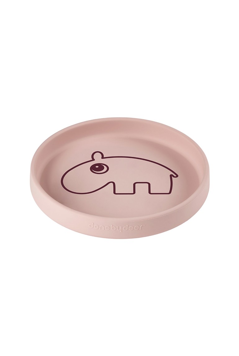 Assiette ronde antidérapante en silicone hippopotame rose Done By Deer 1